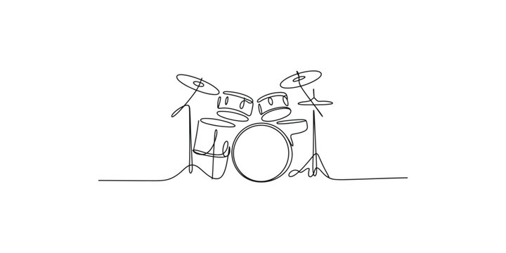 Minimalist one line drawing of a complete drum set with cymbals and bass drum