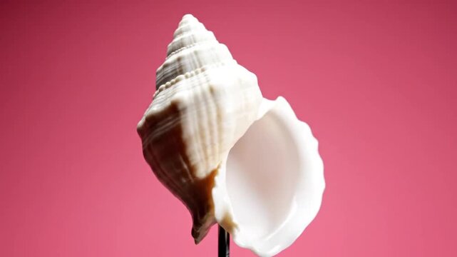 Close-up of a White Seashell Rotating Against a Vibrant Pink Background.