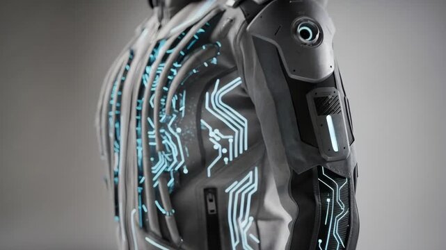 Medium shot capturing shapememory textile baffles flexing in response to electric current highlighting advanced materials with tunable ventilation properties in wearable tech.