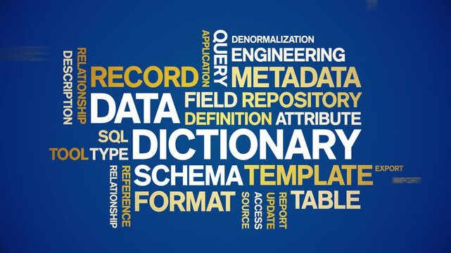 Data Dictionary animated word cloud-text design animation tag kinetic typography seamless loop.