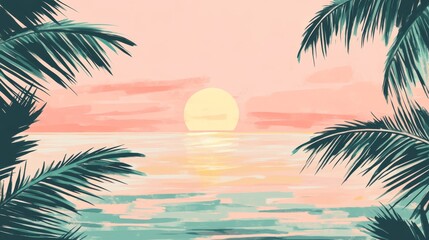 Fototapeta premium 39.Flat illustration of calm ocean meeting shoreline, sunlit reflections on water, abstract palm fronds framing top and sides, pastel summer palette, minimal shapes with crisp edges, airy and