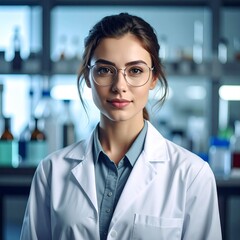 Fototapeta premium Intelligent Scientist in Laboratory - Portrait of a Focused Researcher in a Lab Coat.