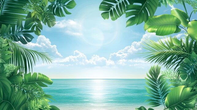 42.Vector seaside composition with glowing sunlight, fresh green tropical leaves scattered around border, subtle cloud shapes above distant waterline, harmonious minimal style perfect for seasonal