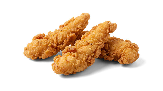 crispy golden brown fried chicken tenders with a seasoned breading, isolated on a transparent background, perfect for graphic design and web use.