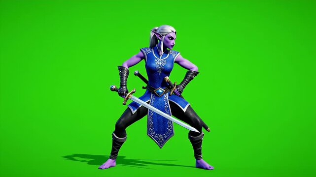 Powerful Female Dark Elf Character with Swords in Blue Armor on Green Screen