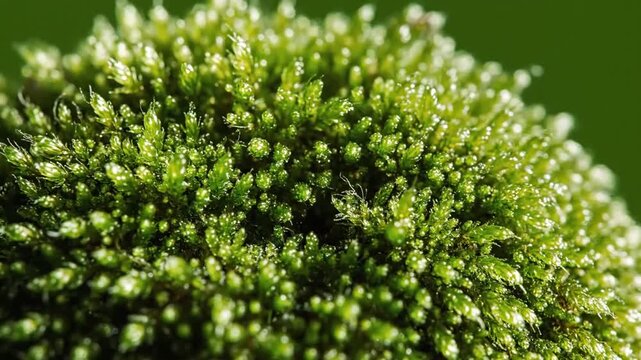 Close-up of vibrant green moss growing on a surface, showcasing its intricate texture and natural beauty in a serene environment.