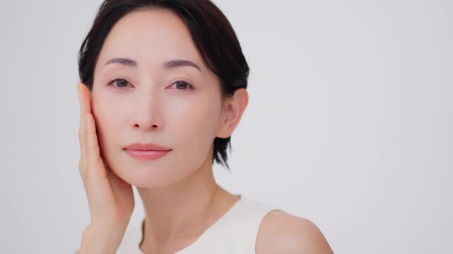 柔らかな微笑みを浮かべて肌に触れる、美しい日本のミドルエイジ女性。スキンケアのイメージ