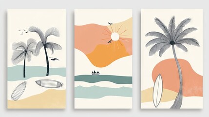 Obraz premium 66.Playful abstract poster set featuring spontaneous beach themed line drawings such as palms, surfboards, boats, sea birds, and sun rays, arranged over soft watercolor inspired backgrounds with