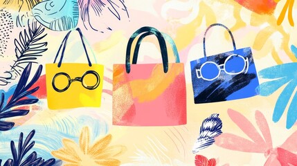Fototapeta premium 65.Artistic summer illustration combining flowing abstract shapes with bold hand drawn doodle elements like beach bags, seashell clusters, tropical flowers, sunglasses, and gentle wave lines, using