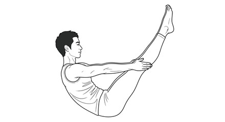 Obraz premium Man practicing yoga, performing boat pose (Paripurna Navasana) in a studio, line art illustration.