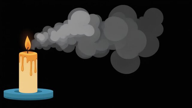 Burning candle with orange flame and smoke illustration vector isolated black background blue stand wax drips