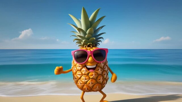A cheerful anthropomorphic pineapple character with pink sunglasses happily dancing on a tropical sandy beach under a bright blue sky