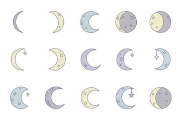 Obraz premium Moon Phases Collection in Pastel Colors with Stars and Simple Shapes for Astrology and Lunar Cycle Illustrations
