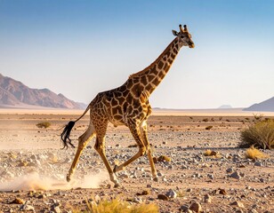 Obraz premium Majestic giraffe gracefully galloping across the arid African savanna landscape under a clear blue sky.