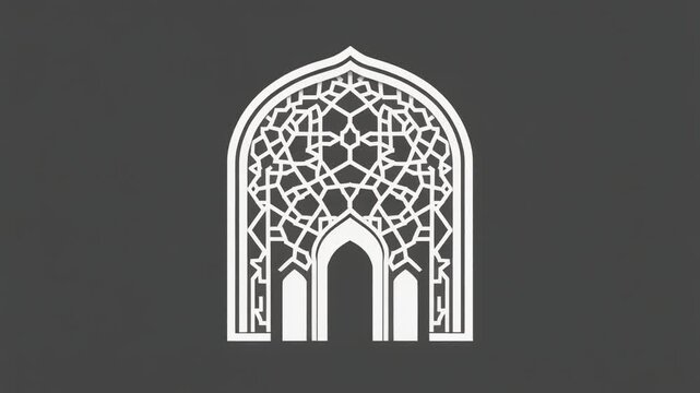 Elegant silver Islamic arch featuring intricate geometric patterns against a dark gray background perfect for Ramadan and Eid Mubarak design elements