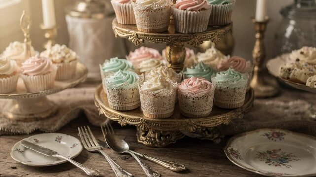 Close medium shot of a vintagestyle dessert table with ornate tiered platters filled with lacepatterned cupcakes and antique silverware soft bokeh blurring the surrounding rustic