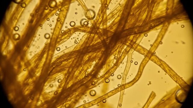 Microscopic view of fungal hyphae and spores in a yellowish background.