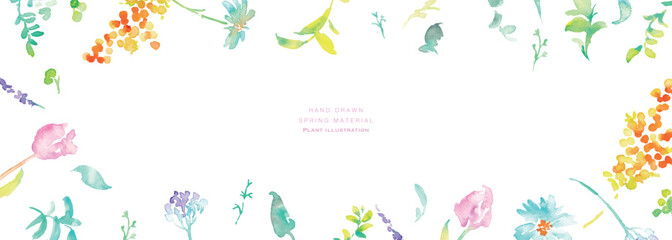 水彩画。水彩タッチのベクター春植物イラスト。春の花と植物のベクターフレームセット。Watercolor painting. Vector spring botanical illustration with watercolor touch. Vector frame set of spring flowers and plants.