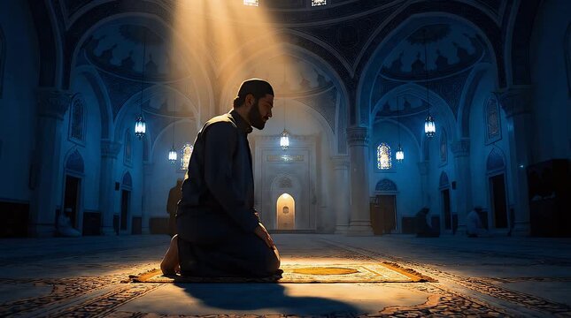 Muslim Man Kneeling and Praying in Mosque, Illuminated by Divine Light