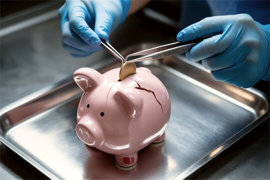 surgeon hand put coin into cracked piggy bank. Economy bailout and stimulus money rescue concept