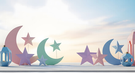 Obraz premium Pastel Crescent Moons Stars and Lanterns Arranged on a White Sur