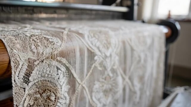 Subtle patterned voile curtain weaving in progress capturing intricate details of delicate designs emerging on translucent fabric for graceful lightfiltering interior accents.