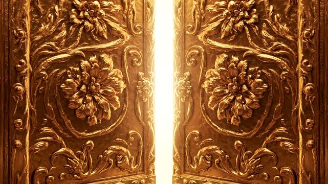 Ornate Golden Doors Opening with Bright Light.