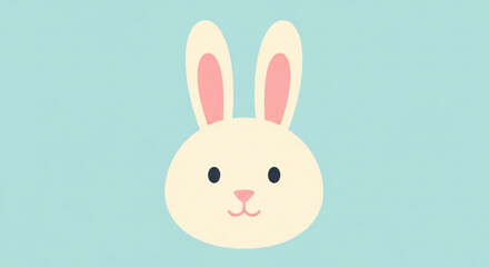Obraz premium Cartoon bunny head with pink ears and nose on a light blue background smiling sweetly