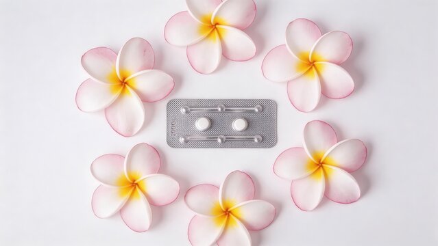 Oral contraceptive pills are placed on a white background and decorated with frangipani flowers, symbolizing care for women's emergency medication.