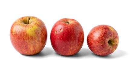 three red and yellow apples with stems, presented in png format on a transparent background, offering versatile use for digital design and creative projects requiring fresh fruit imagery.