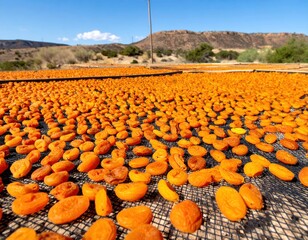 Fototapeta premium Sun dried apricots on mesh outdoors with desert landscape
