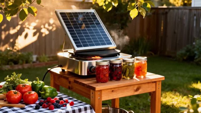 Medium shot of a solarpowered hotplate heating jars at an outdoor canning station with a sunlit backyard backdrop and fresh produce nearby.