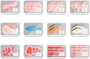 スーパーのパックに入った、鮮魚とお肉のアイコンのイラストセット