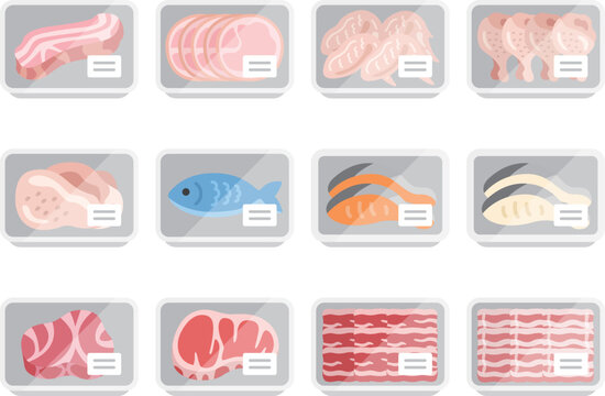 スーパーのパックに入った、鮮魚とお肉のアイコンのイラストセット