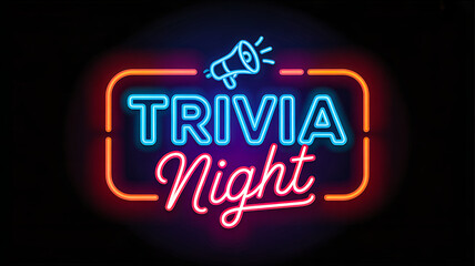 Neon trivia night sign glowing on dark brick wall background