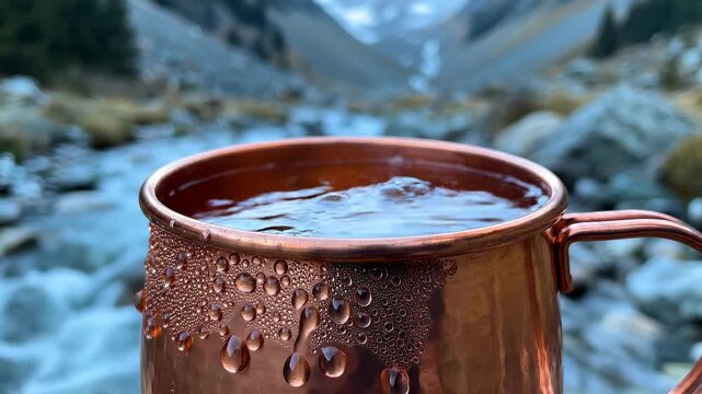 Fresh Mountain Spring Water Pouring into Hammered Copper Mug