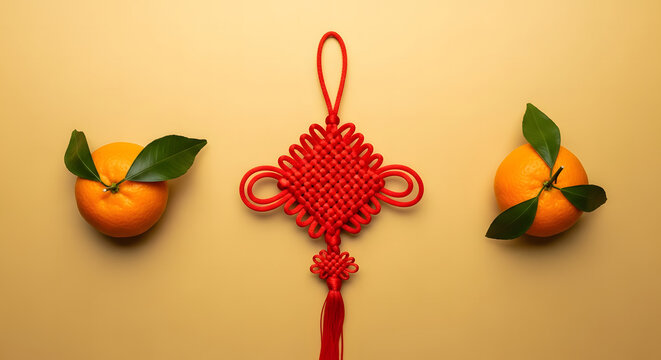 Red Chinese knot and two fresh oranges with green leaves on a ye