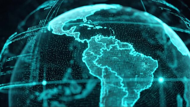 Glowing digital representation of South America, defined by dots and interconnected lines