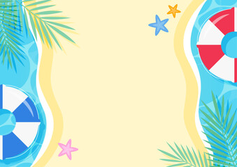 真上から見た夏のビーチとプールの背景イラスト 砂浜と青い水面に浮き輪やヤシの木とヒトデを配置した俯瞰構図のベクター素材 旅行やバカンスの広告バナーに最適な中央にコピースペースのあるフレーム © marumaru