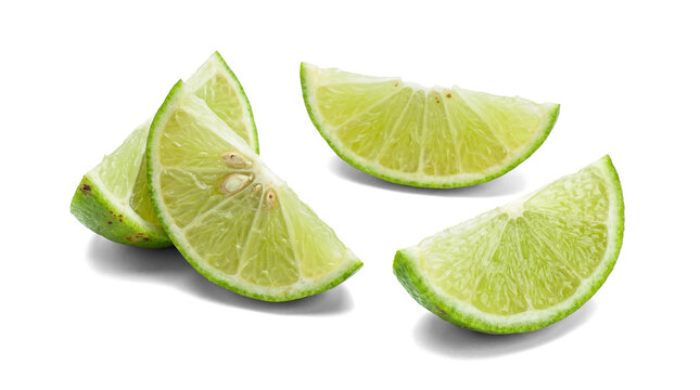 four vibrant lime wedges on a transparent background, fresh citrus slices for cocktails and culinary use, bright sour fruit for beverages and decoration.
