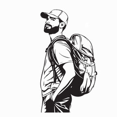 Happy Tourist Man Hiking Adventure Illustration on White Background