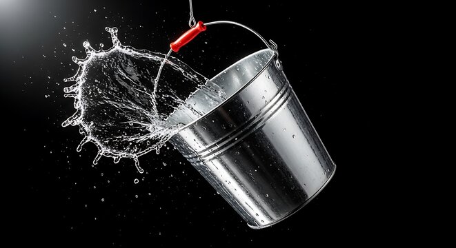 A bucket being tipped over to release a splash of water into the air. 5 gallon pail