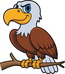 Naklejka premium Cute cartoon bald eagle perched on branch, colorful vector bird mascot illustration isolated on white background for children design and wildlife theme