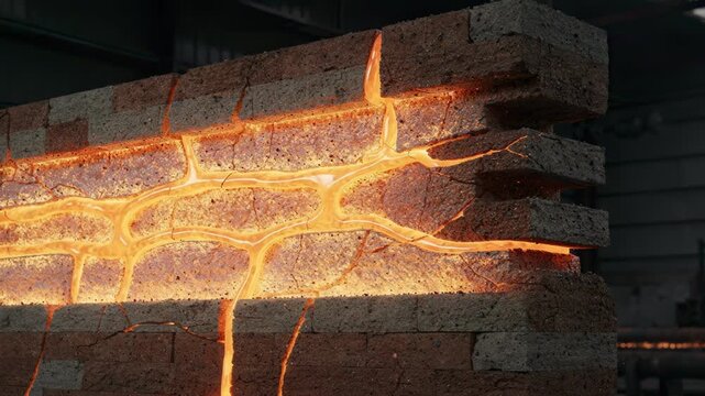 Medium shot of a furnace wall crosssection highlighting hot selfhealing refractory materials glowing with intense heat and visibly repairing cracks in real time.