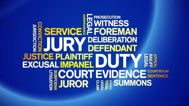 Jury Duty animated word cloud-text design animation tag kinetic typography seamless loop.