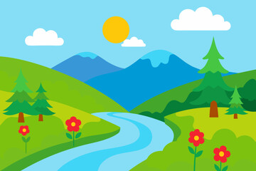 Obraz premium Summer River Landscape with Flowing Water and Green Trees 