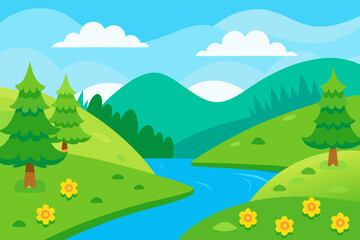 Obraz premium Summer River Landscape with Flowing Water and Green Trees 