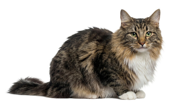 a charming long-haired tabby cat with emerald green eyes sits calmly on a transparent background, showcasing its distinct tabby markings and luxurious, fluffy coat.