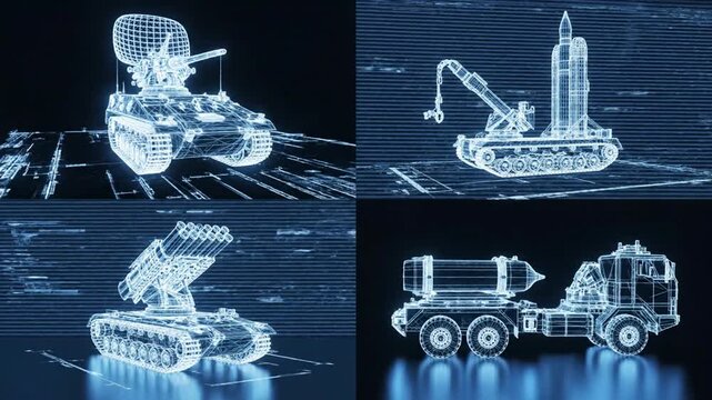 Digital blueprint collage of glowing military vehicles and weapon systems on a dark background.