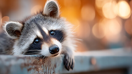 Obraz premium A raccoon peeking out in soft daylight, capturing urban curiosity and adaptable wildlife with open space for text.